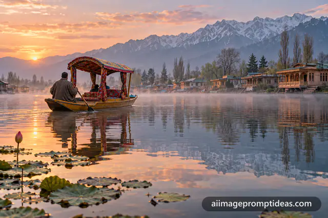 Wooden shikara on misty Dal Lake at sunrise with houseboats and snowy mountains reflected, AI generated