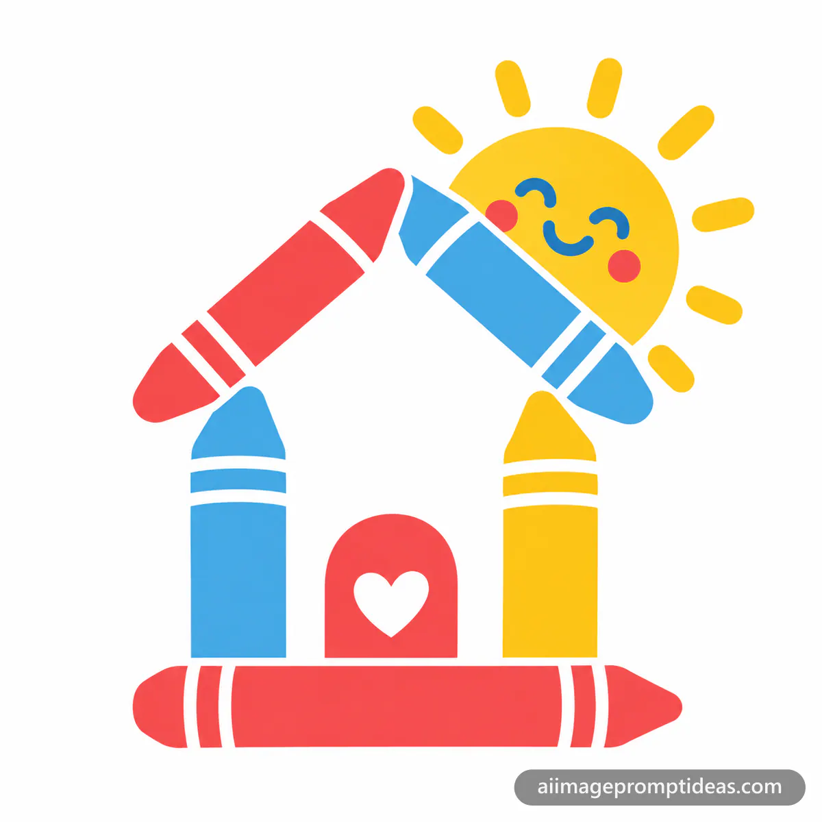 Flat vector daycare logo with a crayon house and smiling sun, AI generated