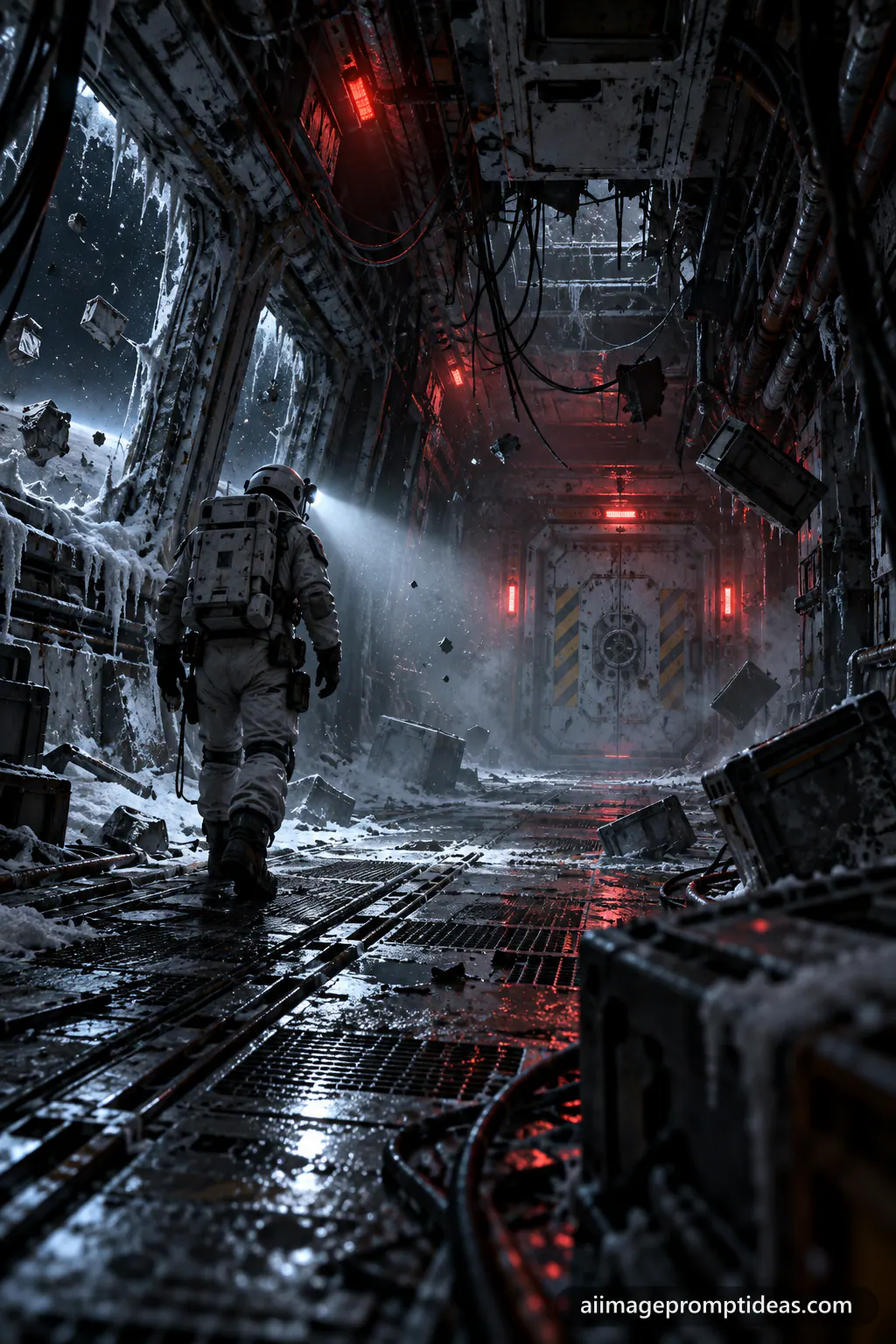 Astronaut with flashlight in a dark abandoned starship corridor, AI generated