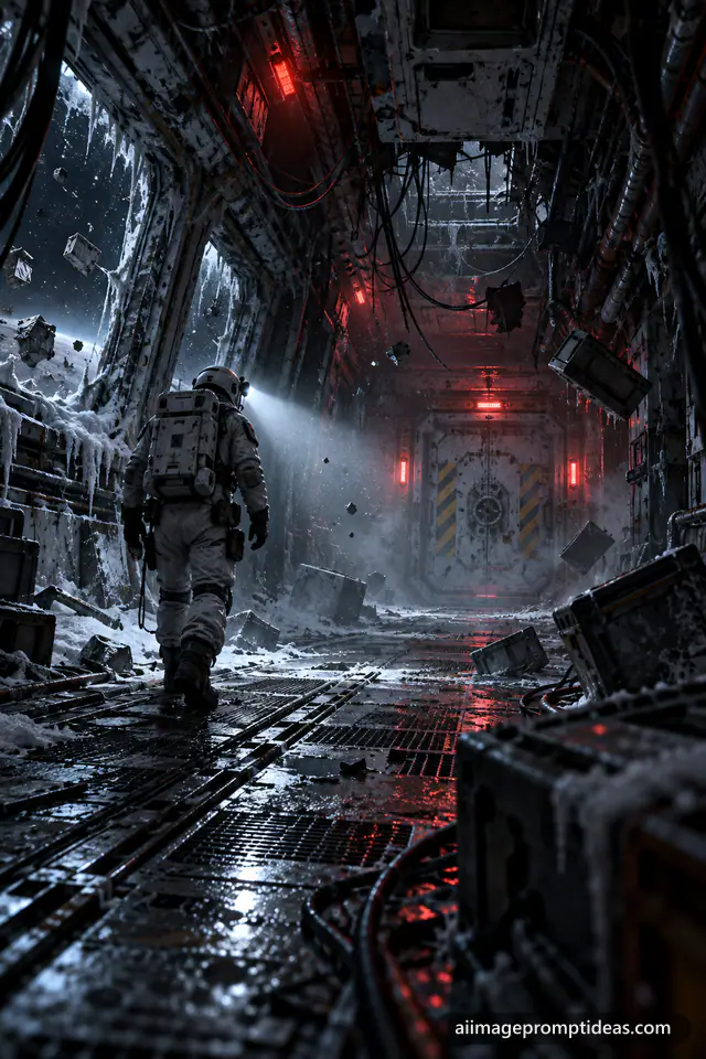 Astronaut with flashlight in a dark abandoned starship corridor, AI generated