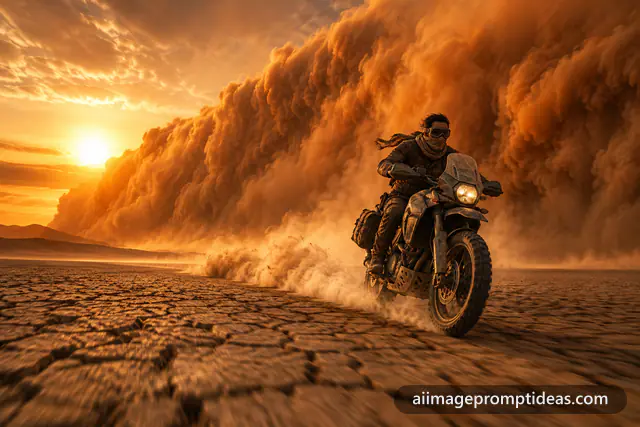 Lone motorcycle rider racing across a cracked desert ahead of a giant dust storm, AI generated