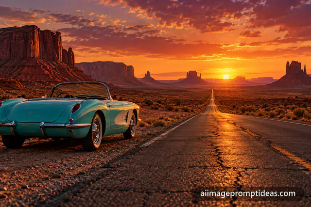 Vintage turquoise convertible on an empty desert highway between red mesas at sunset, AI generated