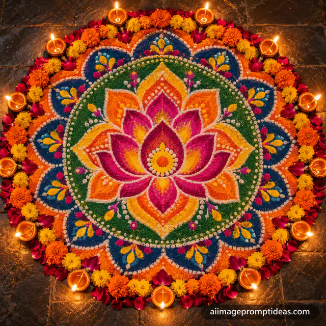 Top view of a colorful circular Diwali rangoli with a lotus center surrounded by glowing diyas, AI generated