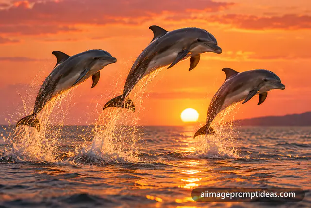 Three dolphins leaping out of a golden sea in arcs at sunset, AI generated