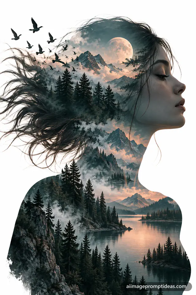 Double exposure of a woman's profile blended with a misty pine forest and birds, AI generated