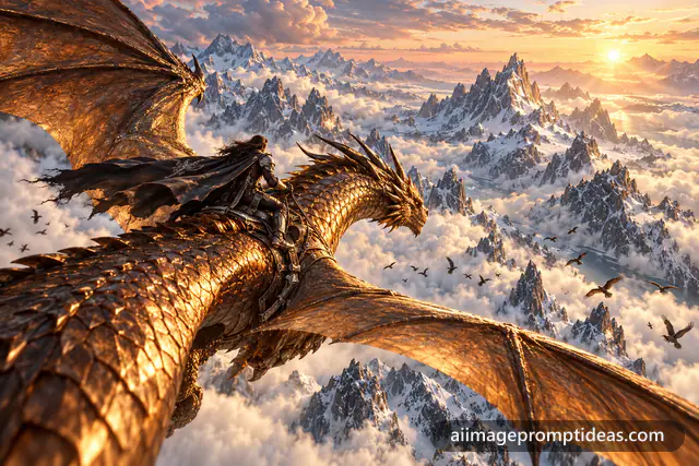 Armored rider on a huge bronze dragon soaring over snowy mountain peaks at sunrise, AI generated