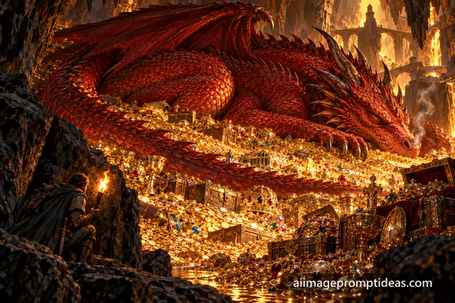 Huge red dragon sleeping on a mountain of gold treasure in a cave, AI generated