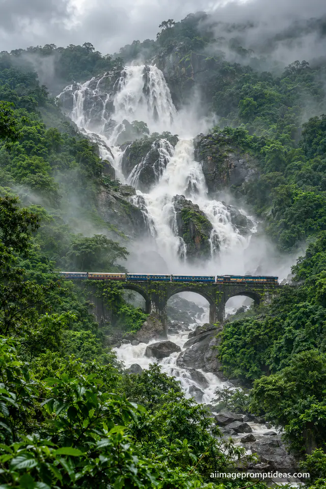 Passenger train crossing a bridge in front of the milky Dudhsagar waterfall in monsoon jungle, AI generated