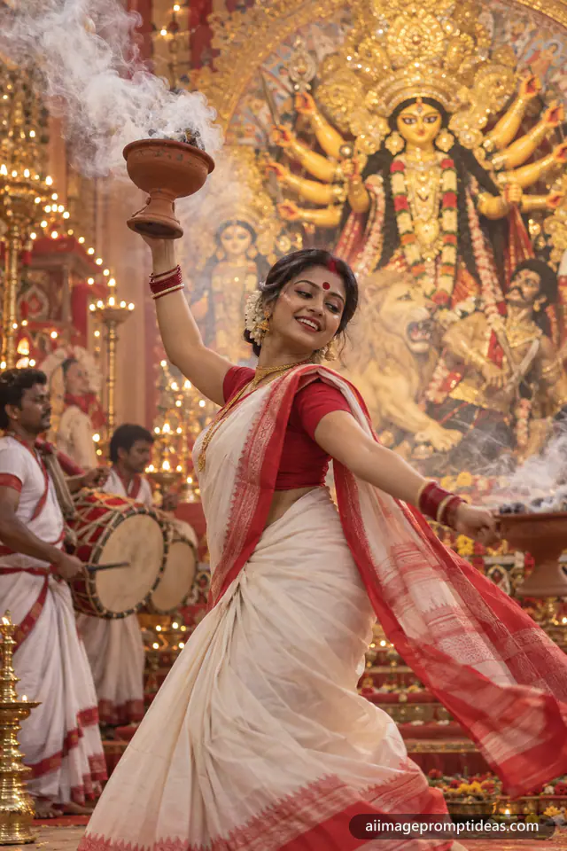 Bengali woman in a red and white saree doing the dhunuchi dance with smoke in a Durga Puja pandal, AI generated