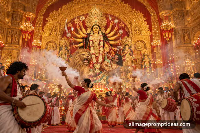 Grand Durga Puja pandal with a Maa Durga idol and devotees doing the dhunuchi dance, AI generated