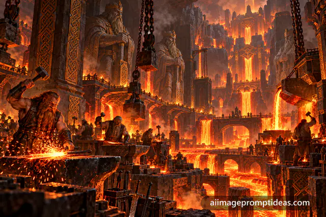 Vast underground dwarven forge with lava rivers, giant anvils and smiths hammering sparks, AI generated