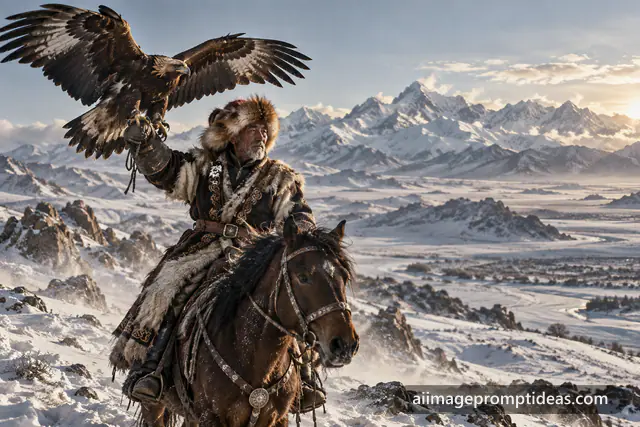 Kazakh eagle hunter on horseback with a golden eagle on the snowy steppe, AI generated