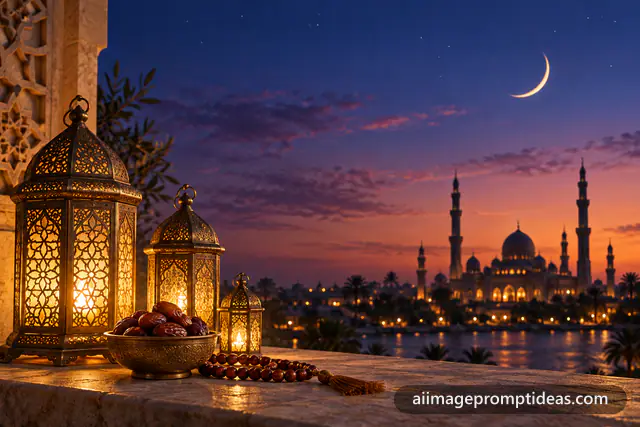 Glowing brass lanterns and dates with a mosque silhouette and crescent moon at dusk, AI generated