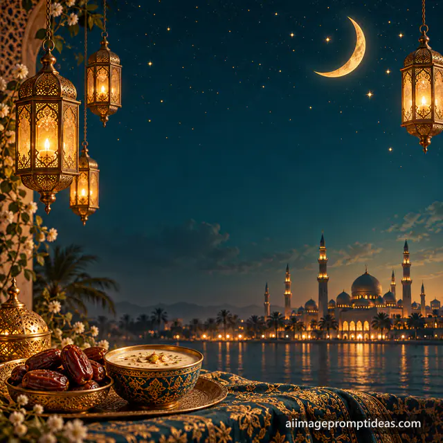 Glowing brass lanterns with a golden crescent moon and mosque silhouette for Eid, AI generated