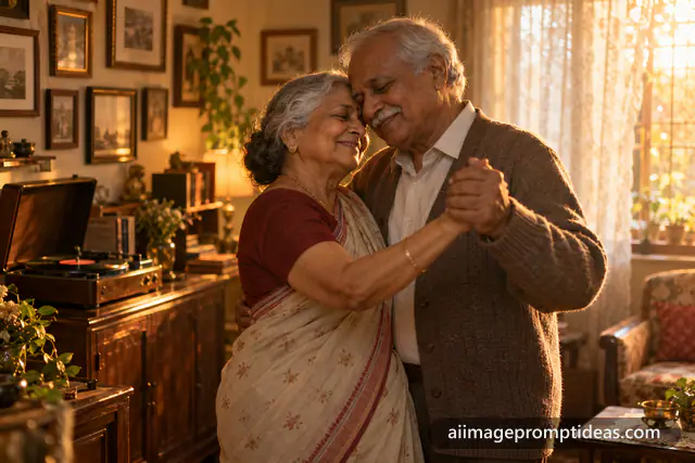 Elderly Indian couple slow dancing in a warm living room, AI generated