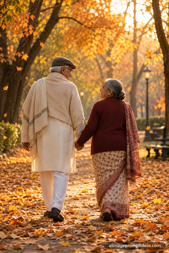 Elderly Indian couple walking hand in hand through a park covered in golden autumn leaves, AI generated