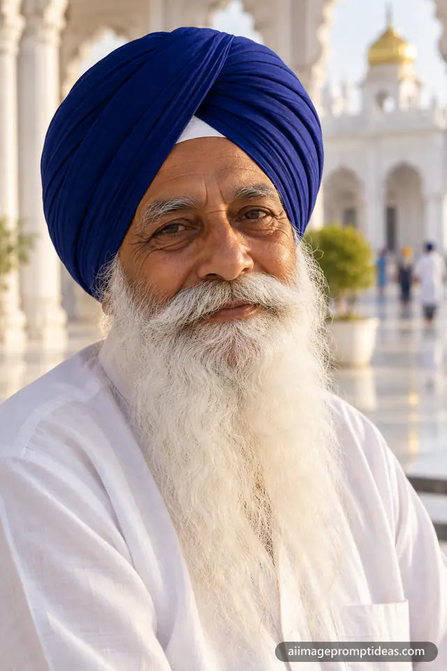 Elderly Sikh man with a white beard and royal blue turban in soft warm light, AI generated