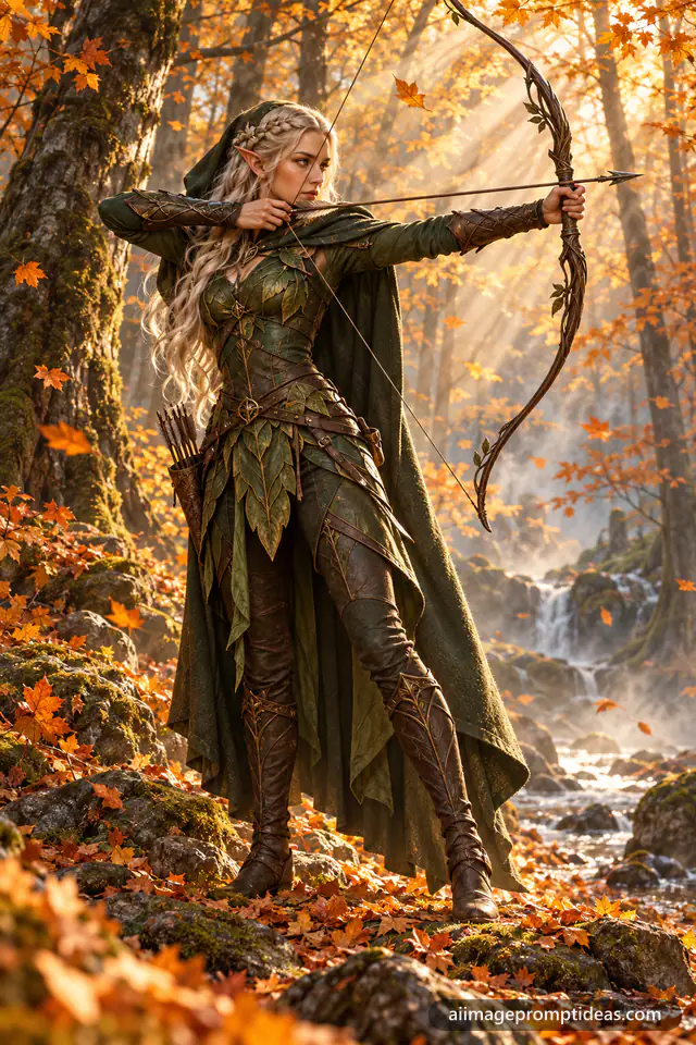 Elf archer in green leather armor drawing a bow in a golden autumn forest with sunbeams, AI generated