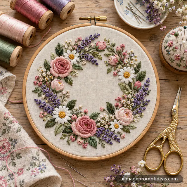 Wooden embroidery hoop with a colorful stitched floral wreath on linen and thread spools, AI generated
