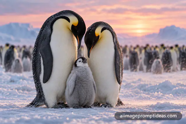 Two emperor penguins bending toward a fluffy chick on the Antarctic ice at dusk, AI generated