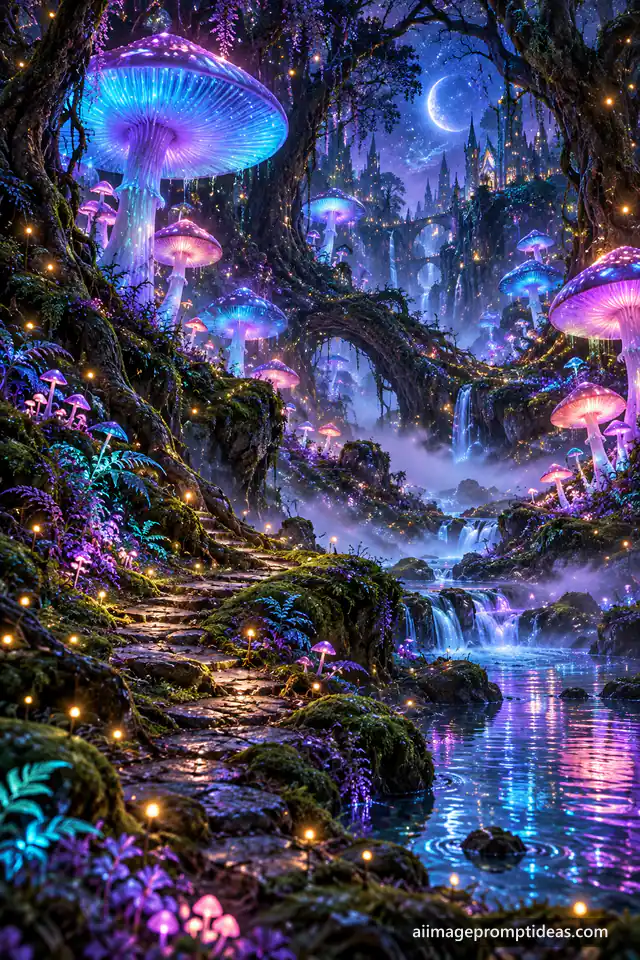 Enchanted night forest with giant glowing mushrooms, fireflies and a winding mossy path, AI generated
