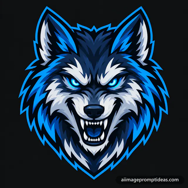 Esports mascot logo of a fierce wolf head in electric blue and white on a dark background, AI generated