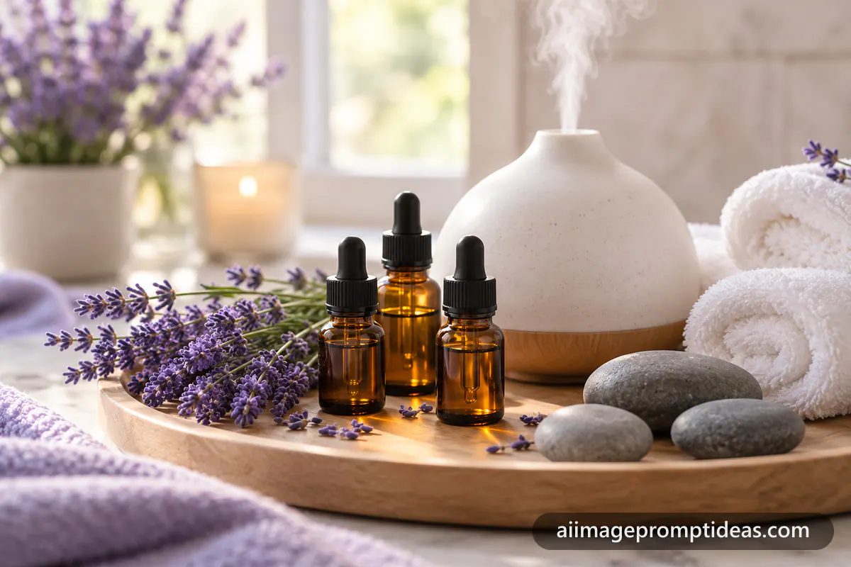 Amber essential oil bottles with lavender sprigs and a misting diffuser on a wooden tray, AI generated