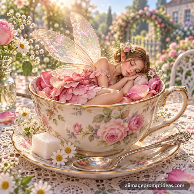 Tiny fairy with shimmering wings sleeping inside a vintage floral teacup on a garden table, AI generated