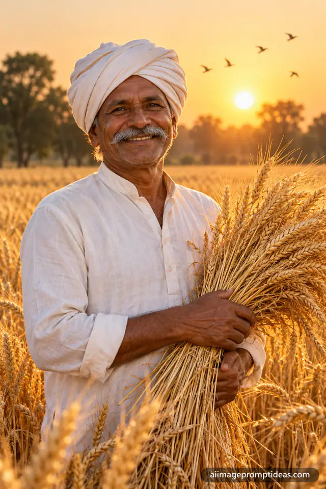 Smiling Indian farmer in a white turban holding wheat stalks in a golden field, AI generated