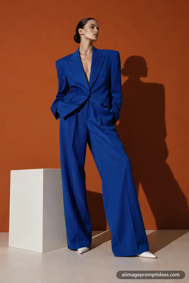 Model in an oversized cobalt blue suit posing on a burnt orange studio set with hard shadows, AI generated