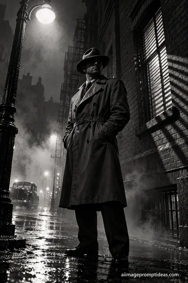 Black and white film noir detective in a fedora and trench coat under a street lamp on a foggy night, AI generated