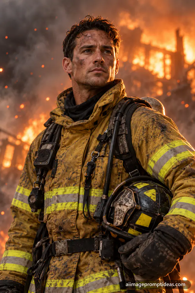 Firefighter in turnout gear with soot on his face and embers drifting through smoke, AI generated