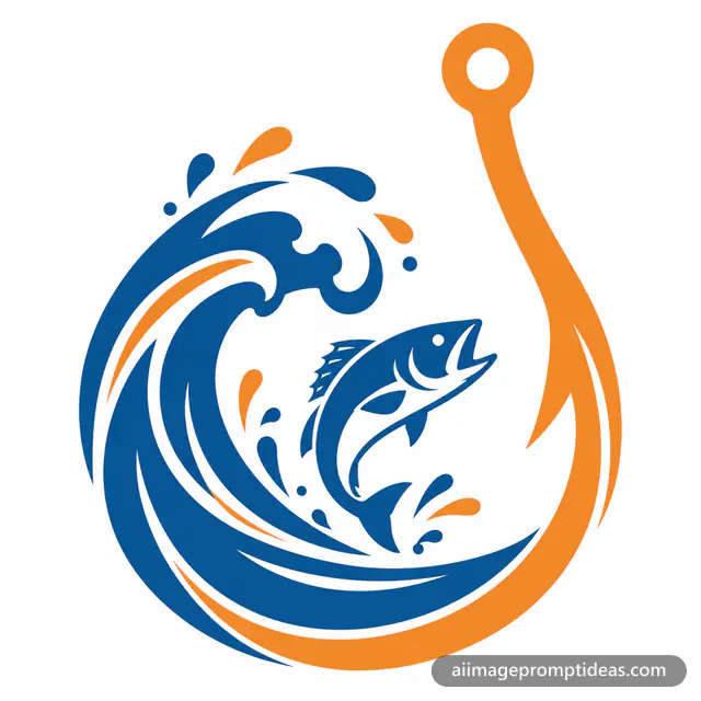 Flat vector fishing charter logo of a hook curling into a wave, AI generated