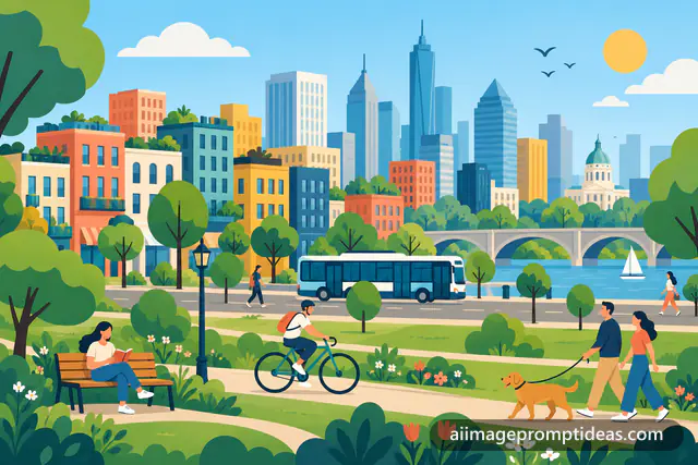 Colorful flat vector illustration of a modern city with buildings, a park, cyclist and bus, AI generated