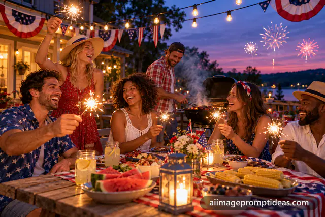 Friends waving sparklers at a Fourth of July backyard party, AI generated