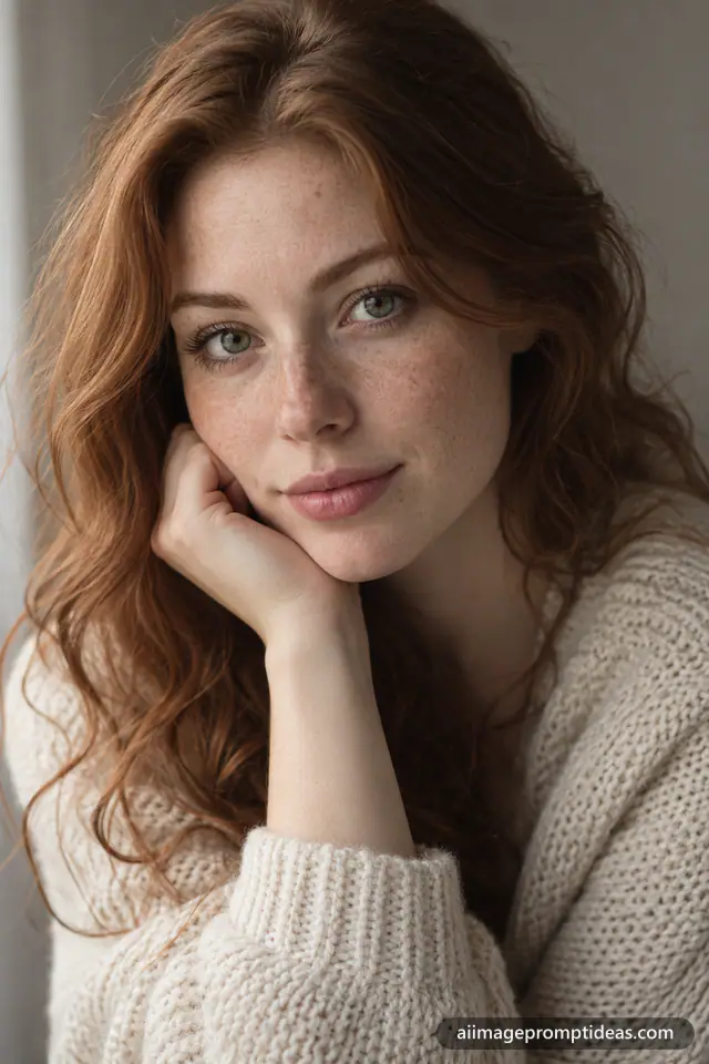 Close-up portrait of a young woman with freckles and auburn hair in soft window light, AI generated