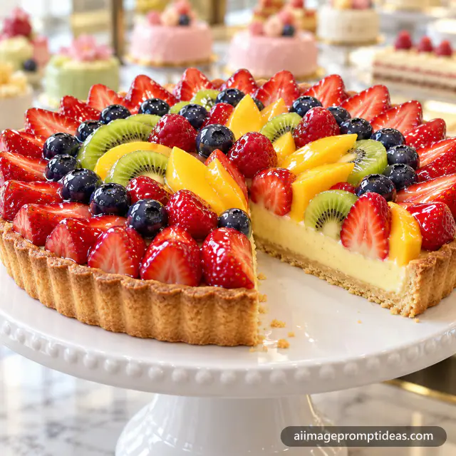 Glossy French fruit tart with berries, kiwi and mango on vanilla custard on a cake stand, AI generated