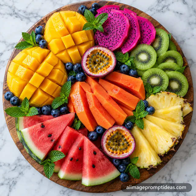 Top view of a colorful tropical fruit platter with mango, dragon fruit, kiwi and papaya, AI generated