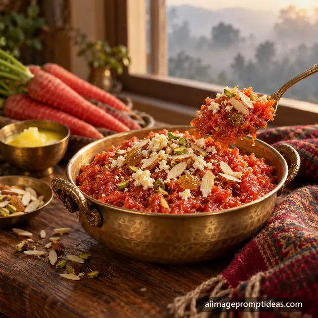 Rich red gajar ka halwa topped with khoya and nuts in a brass bowl on a winter morning, AI generated