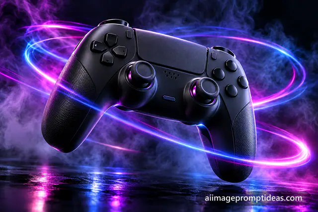 Matte black gaming controller floating with purple, blue and pink RGB light trails, AI generated