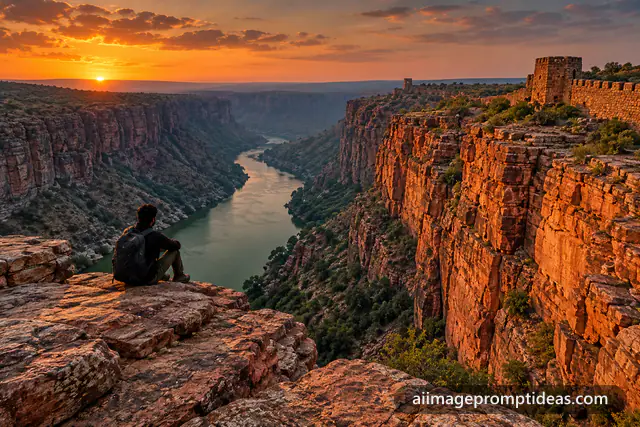 Red granite Gandikota canyon with the Penna River winding below at sunset, AI generated