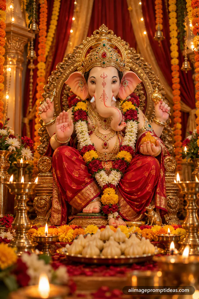 Lord Ganesha idol on a golden throne in a pandal decorated with marigolds, diyas and modaks, AI generated