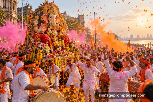Decorated Ganesha idol in a procession with devotees, gulal colors and dhol players, AI generated