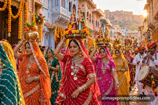 Rajasthani women in lehariya sarees carrying Gangaur idols and brass pots in a procession, AI generated