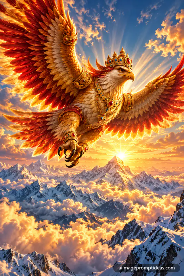 Mythic Garuda with golden crimson wings soaring over Himalayan peaks, AI generated