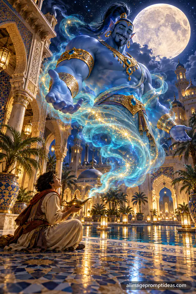 Giant blue genie rising from a golden lamp in a moonlit palace courtyard, AI generated