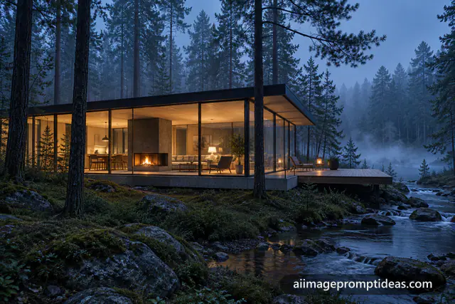 Minimalist glass house with warm lights among tall pines in a misty forest at blue hour, AI generated