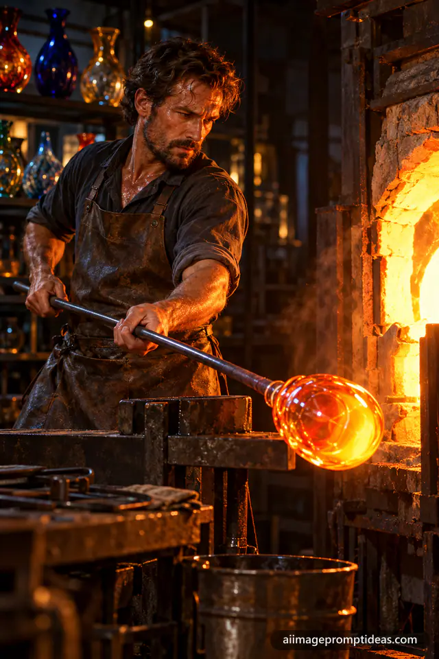 Glassblower shaping glowing molten glass beside a furnace, AI generated
