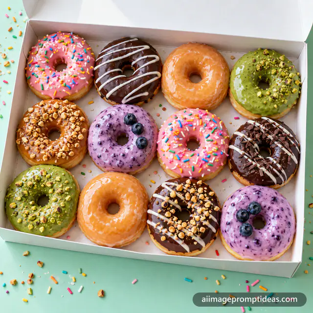Open box of a dozen colorful glazed donuts with sprinkles on a pastel mint surface, AI generated
