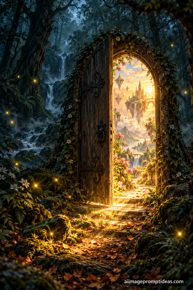 Old wooden door standing alone in a misty forest opening onto a glowing magical world, AI generated